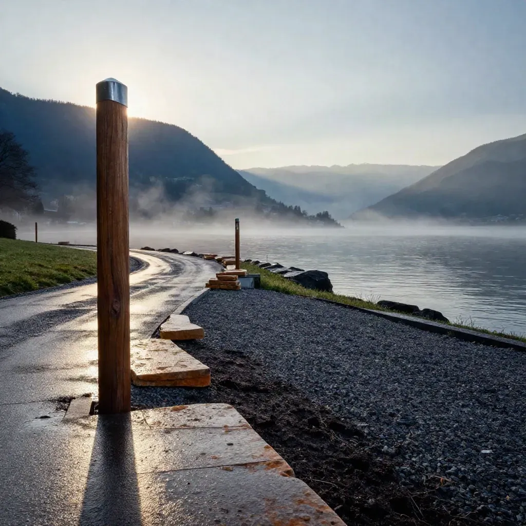 Neues Schweizer Baugrundstück am See mit Grenzpfosten, nasser Zufahrt und Morgennebel.