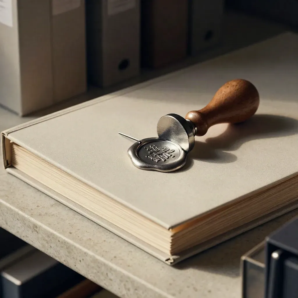 Nahaufnahme eines versiegelten Due-Diligence-Dossiers mit Wachsiegel, Metallstempel und Archivbox