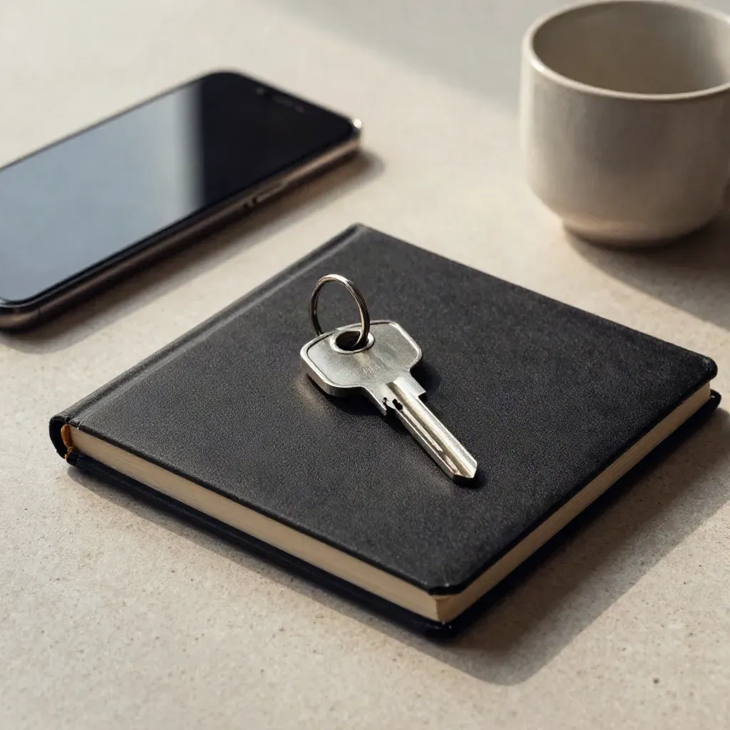 Schlüssel, Notizbuch, Telefon und Tasse auf hellem Stein, von schräg oben fotografiert.