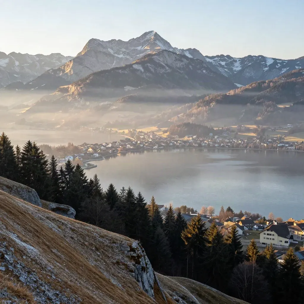 Zentralschweiz im Morgenlicht mit Alpenkamm, Uferlinie und ruhiger Seenebel-Fläche